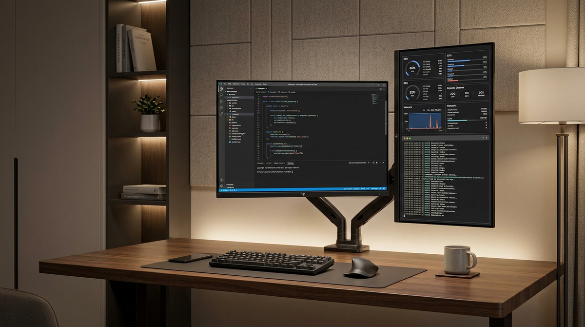 A modern developer workstation featuring a landscape high-resolution monitor and a vertical secondary monitor on a clean ergonomic desk.