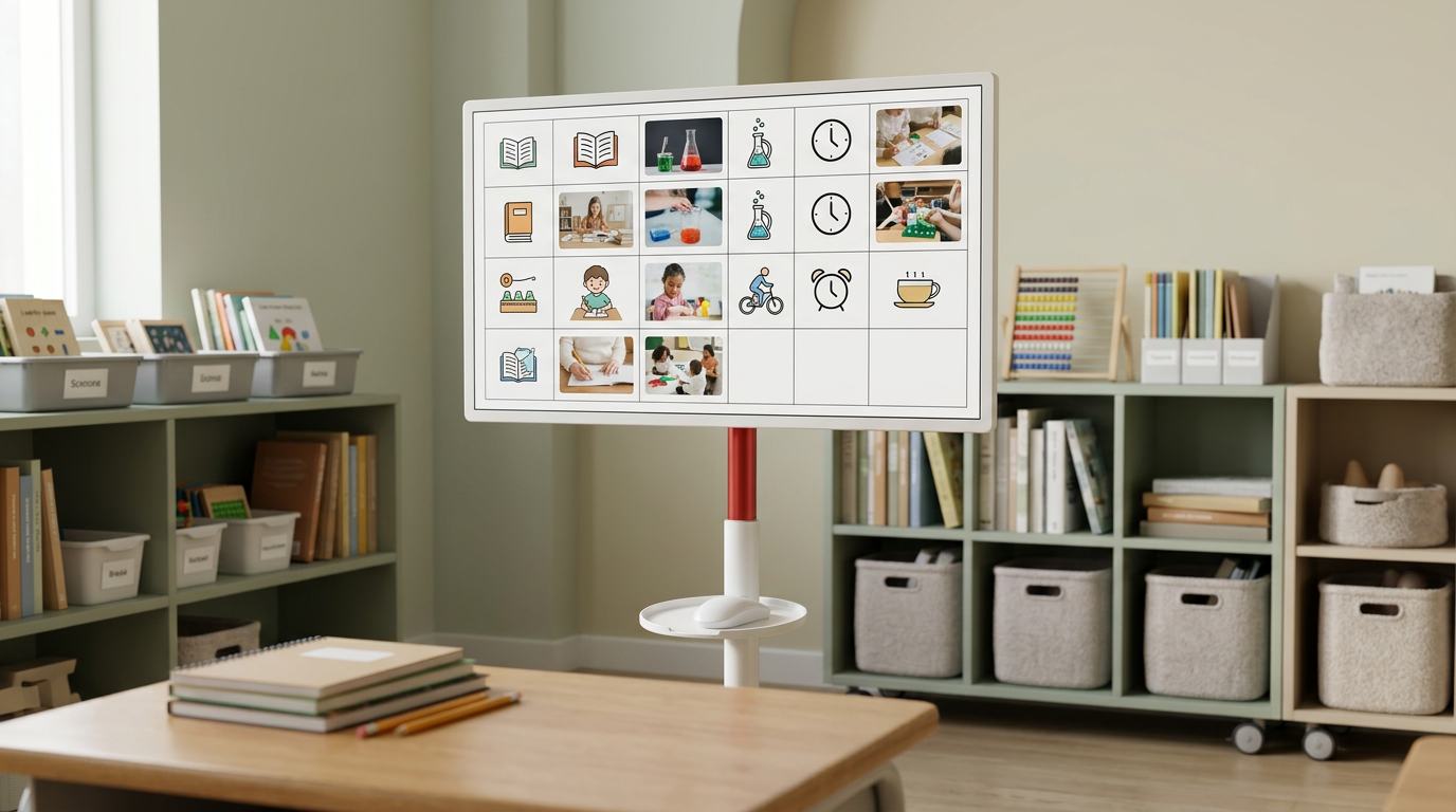 A portable smart display at student desk height in a resource room, showing a visual timetable with icons and photos for proximate learning.