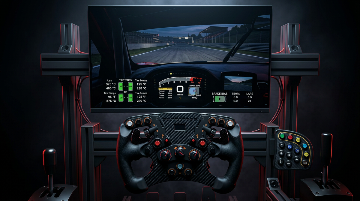 Driver's perspective of a professional sim racing setup featuring a high-resolution flat-screen monitor and a racing wheel in a dark room with dramatic lighting.