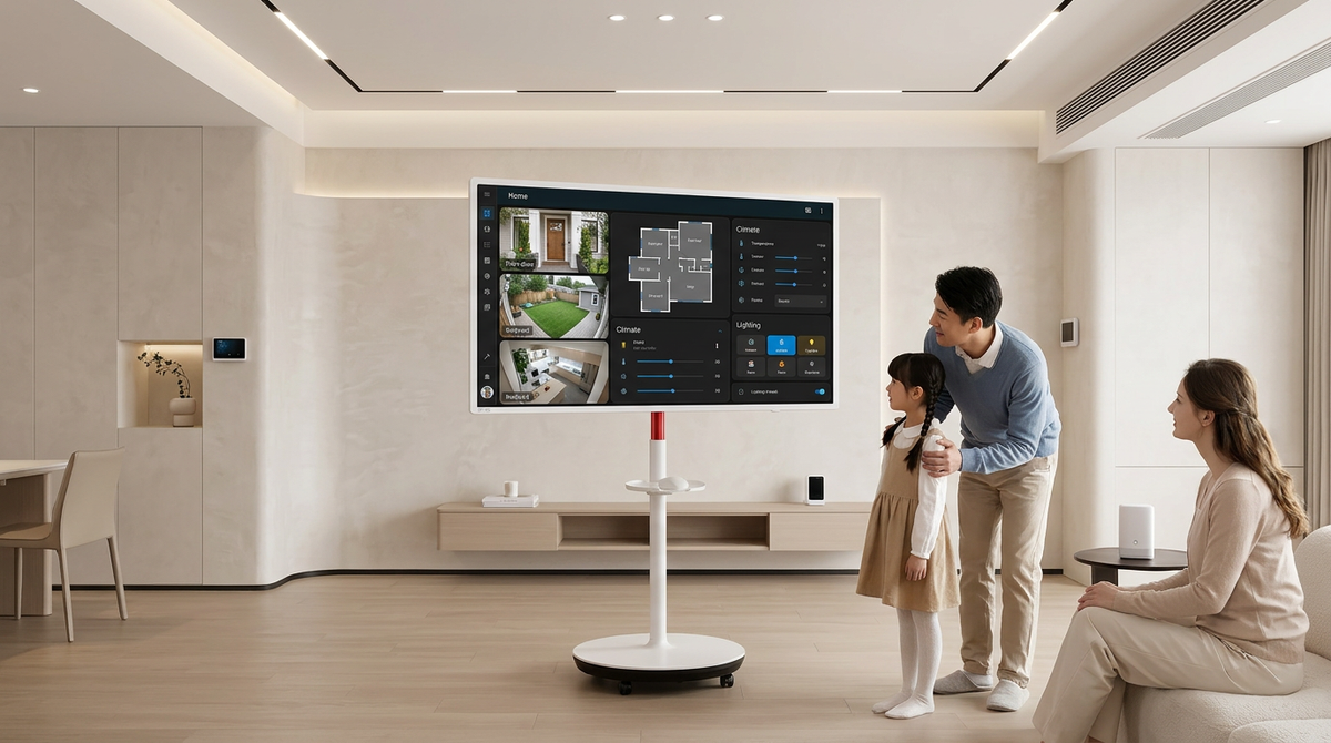A large rolling smart display serving as a mobile smart home dashboard in a modern living room.