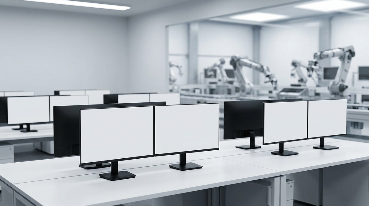 A professional B2B scene of a modern startup office featuring multiple high-specification monitors on minimalist desks with a subtle visual blend into a high-tech factory assembly line in the background.