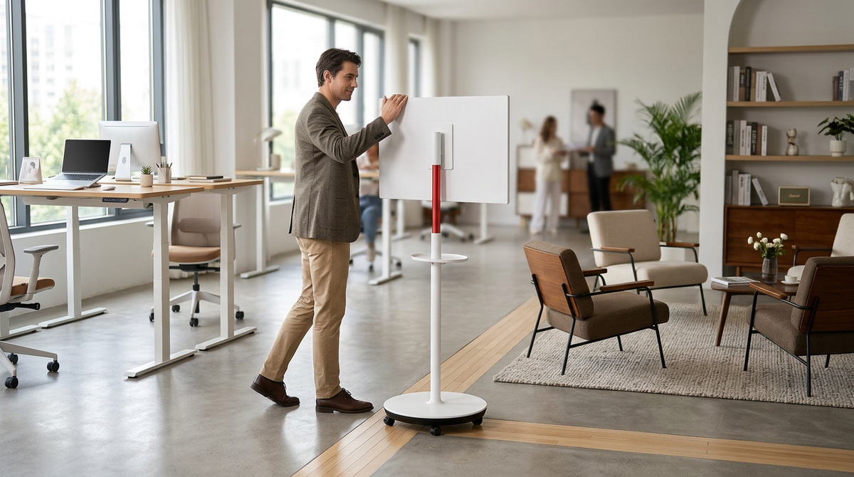 A professional in a modern office setting moving a mobile smart display on a wheeled stand from a desk to a collaboration area.