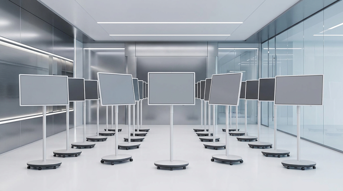 A fleet of professional rolling smart displays in a clean, futuristic office and healthcare environment.