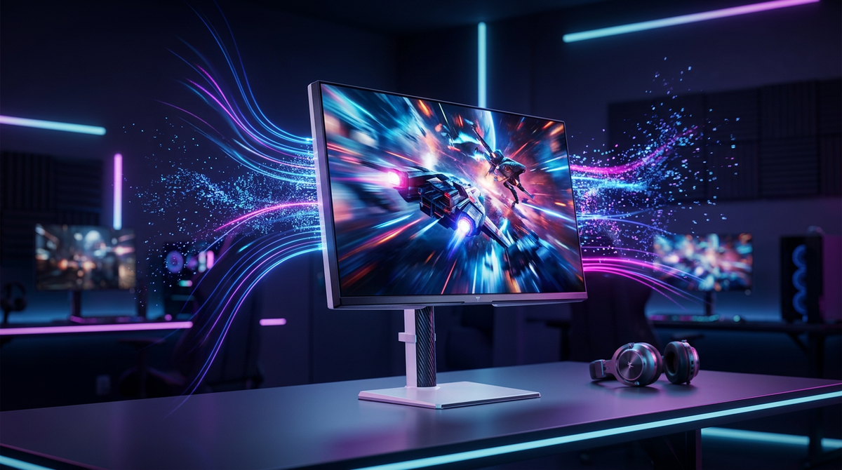 A futuristic 4K OLED gaming monitor displaying a high-speed racing game with vibrant colors and fluid motion blur, surrounded by glowing digital data streams in a dark esports arena setting.