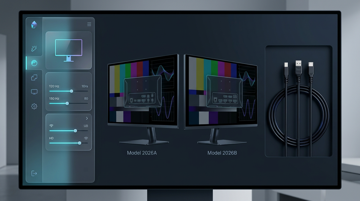 A futuristic digital storefront interface for high-end computer monitors, featuring advanced technical specification filters and a side-by-side comparison of two sleek displays.