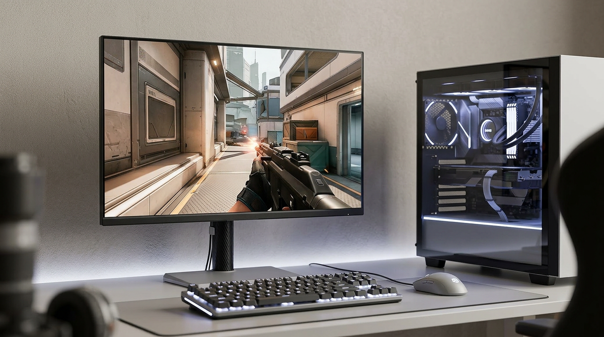 A competitive gaming desk with a high-refresh monitor, GPU tower, keyboard, and mouse, illustrating an esports-focused RTX 6070 Ti pairing.