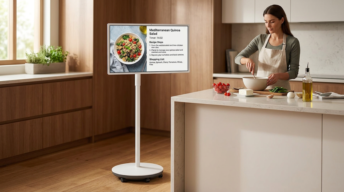 Rolling kitchen display on a mobile stand beside a kitchen island during meal prep.