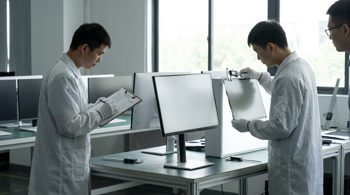 A clean factory-floor audit scene showing quality inspectors reviewing flat panel samples and inspection documents.