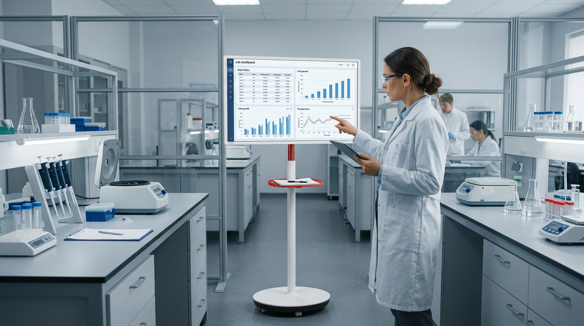 Rolling smart display used as a lab dashboard beside clean, organized research equipment