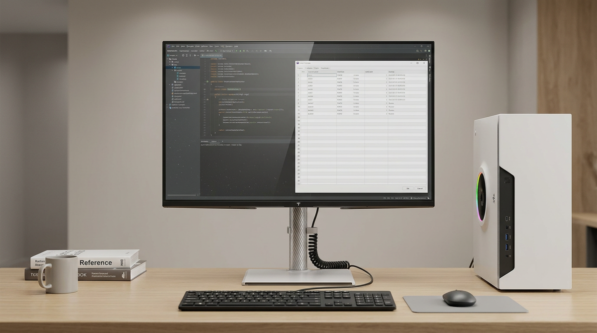A neutral desktop setup with a monitor showing a static interface, illustrating how persistent on-screen elements can contribute to OLED wear over time.