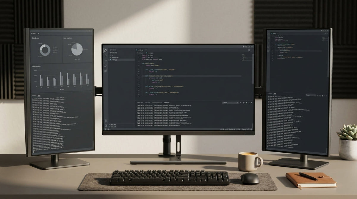 Triple-monitor AI command center with a centered primary display and vertical side panels for prompts, logs, and references