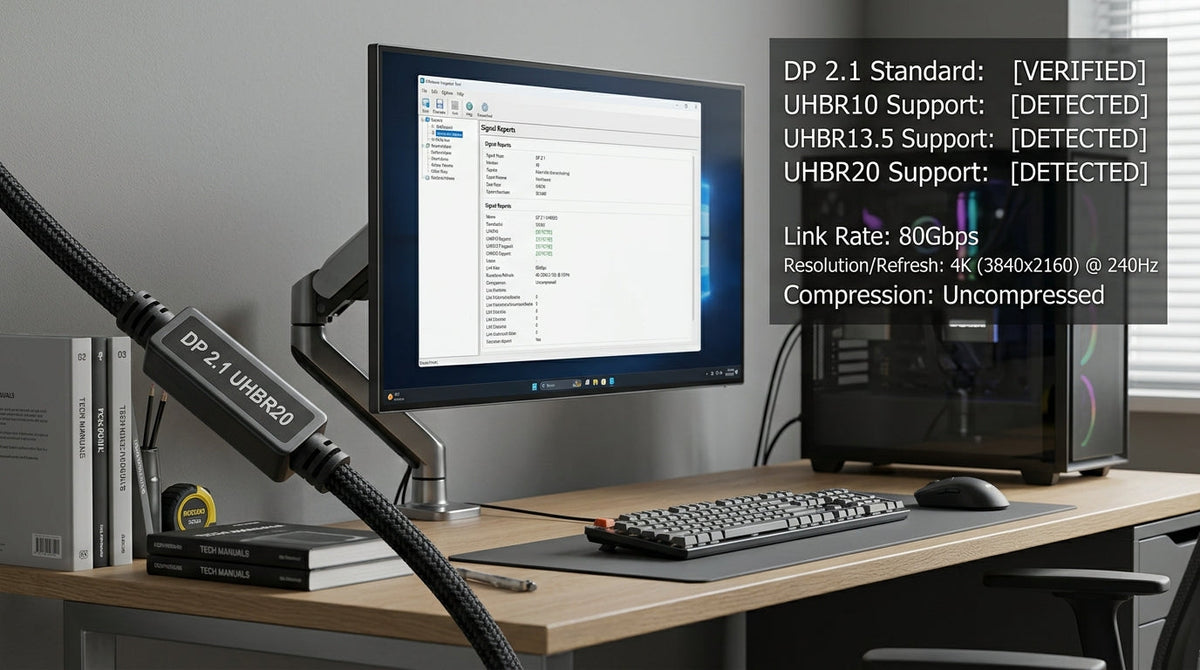 RTX 6090 display audit showing a DisplayPort 2.1 port checklist and UHBR20 bandwidth verification steps
