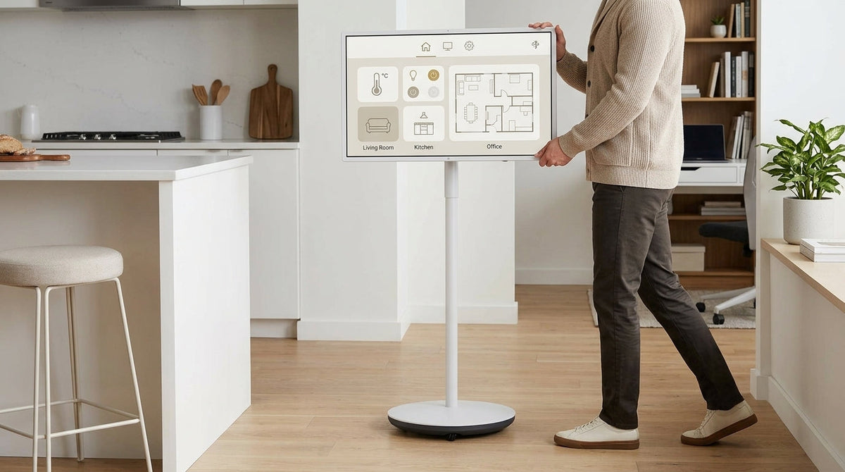 Rolling smart display used as a Matter dashboard in a home hallway