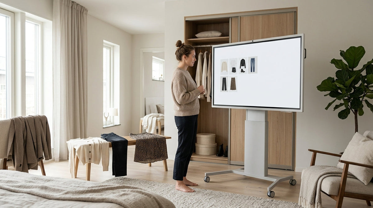 A person planning outfits beside a rolling smart display in a modern home.
