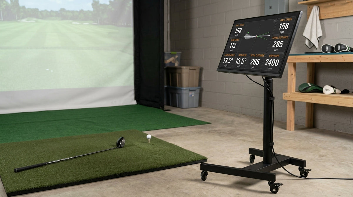 A rolling 31.5-inch 4K display positioned beside a home golf simulator hitting mat in a basement bay
