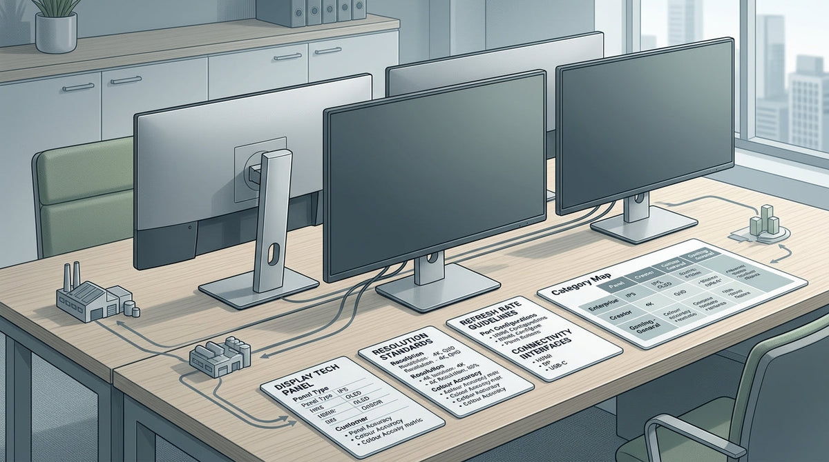 Editorial illustration of a monitor sourcing audit with spec cards, category paths, and a factory-to-brand decision map