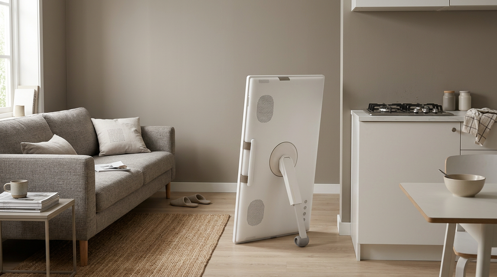 A rolling smart display in a lived-in apartment, positioned between a living area and a kitchen nook, suggesting room-to-room use.
