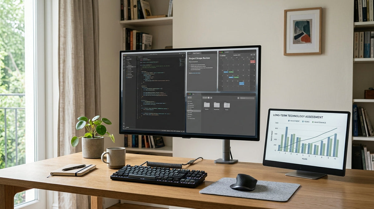A clean desk setup comparing Tandem OLED longevity value against a premium upgrade cost, with a monitor showing productivity windows and a small cost graph beside it.