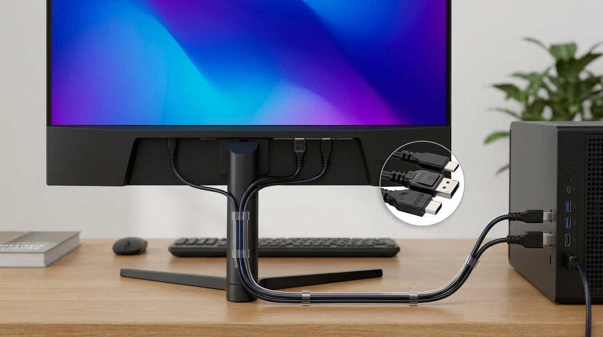 A neutral desk scene showing a 4K gaming monitor with a direct video cable path to a PC, illustrating setup verification.