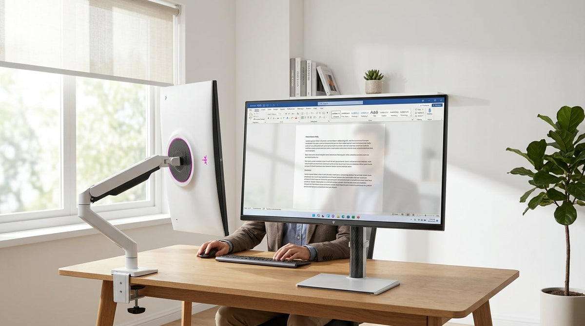 Bright home office workspace with a Mini-LED monitor reducing glare near a sunlit window.