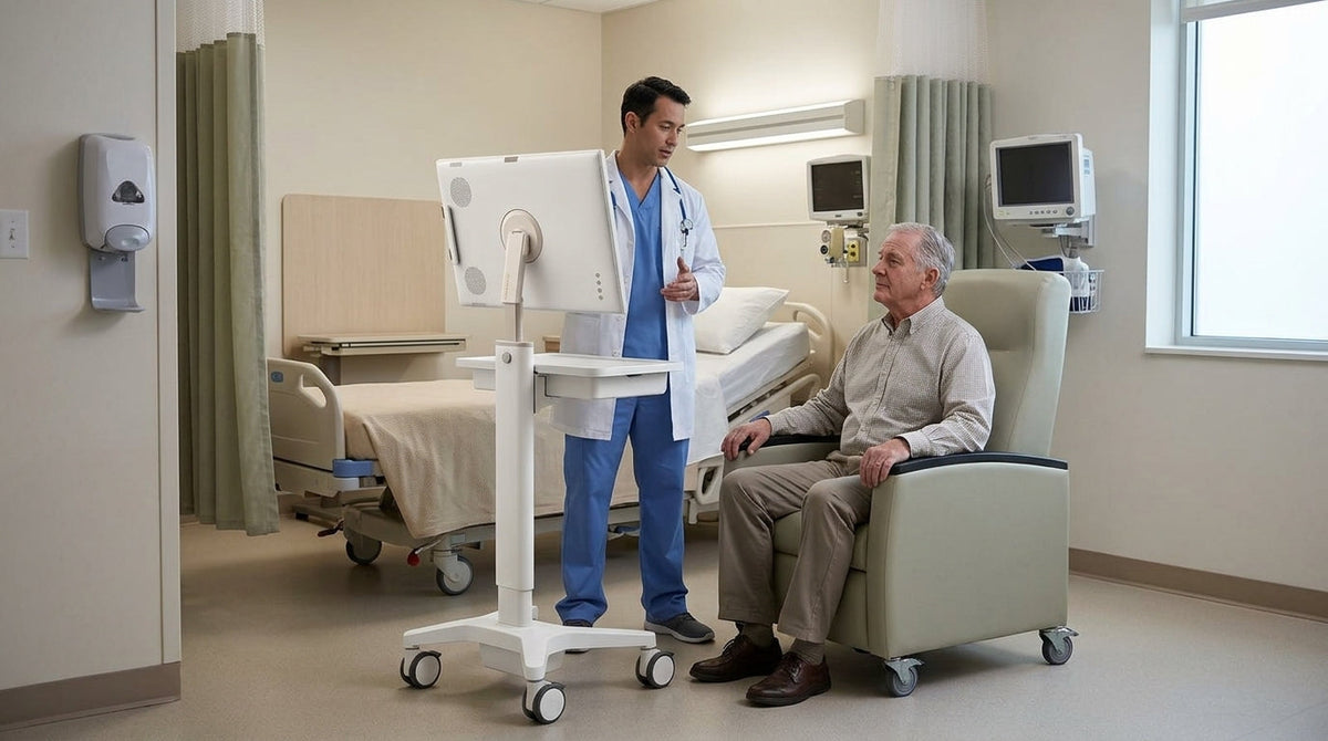 Clinician beside a rolling display in a hospital room during patient education.