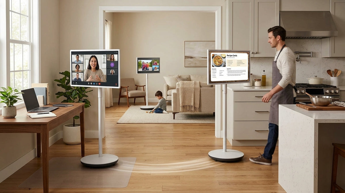 A 32-inch rolling smart display being moved from a home office desk to a kitchen counter and then into a family room