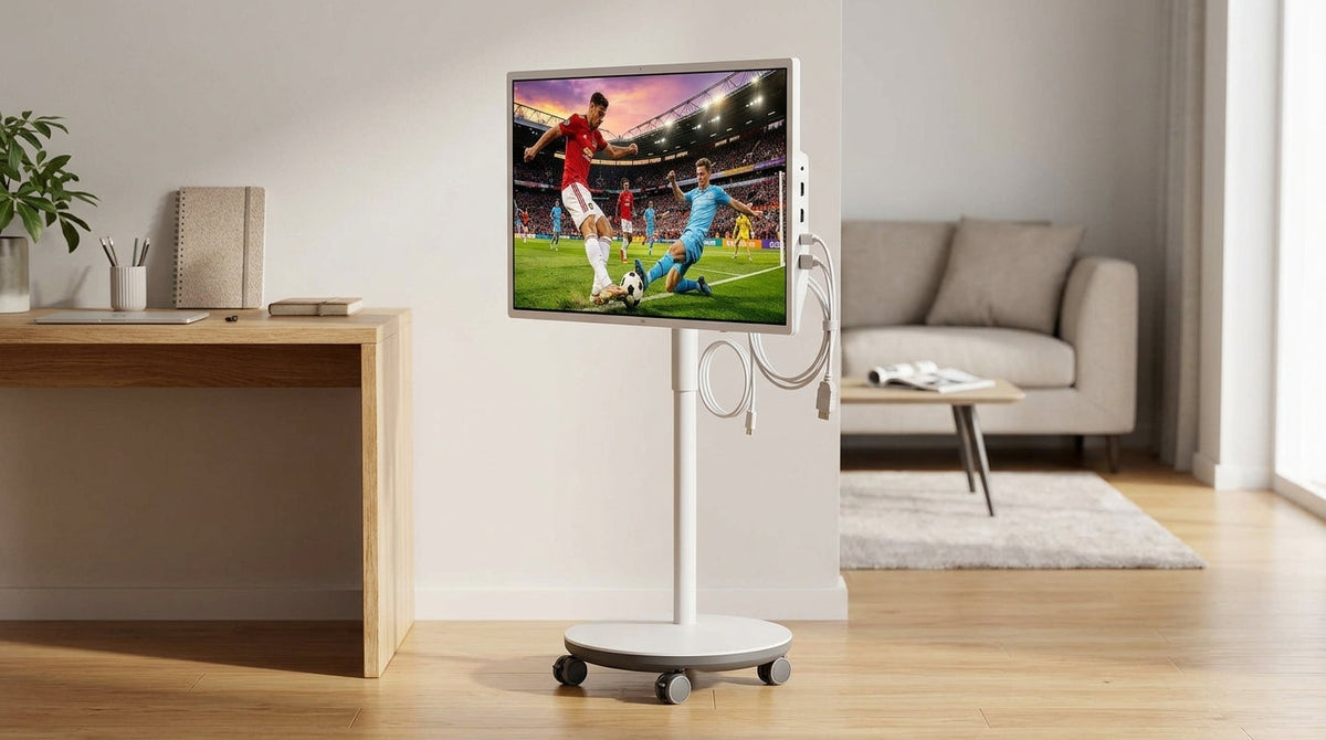 A portable smart display on a rolling stand in a home office and living room setting, showing the decision factors buyers compare before purchase.