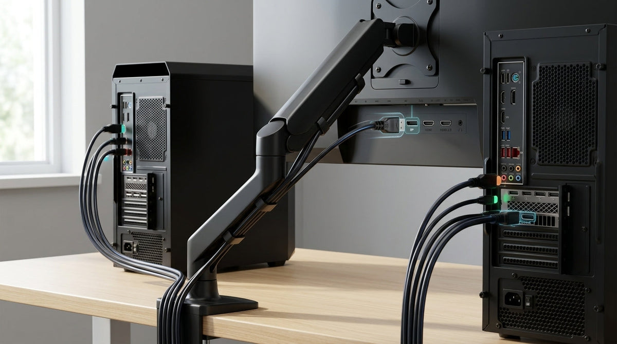 桌面上的高刷新率显示器连接示意,突出线缆与接口的正确匹配关系。