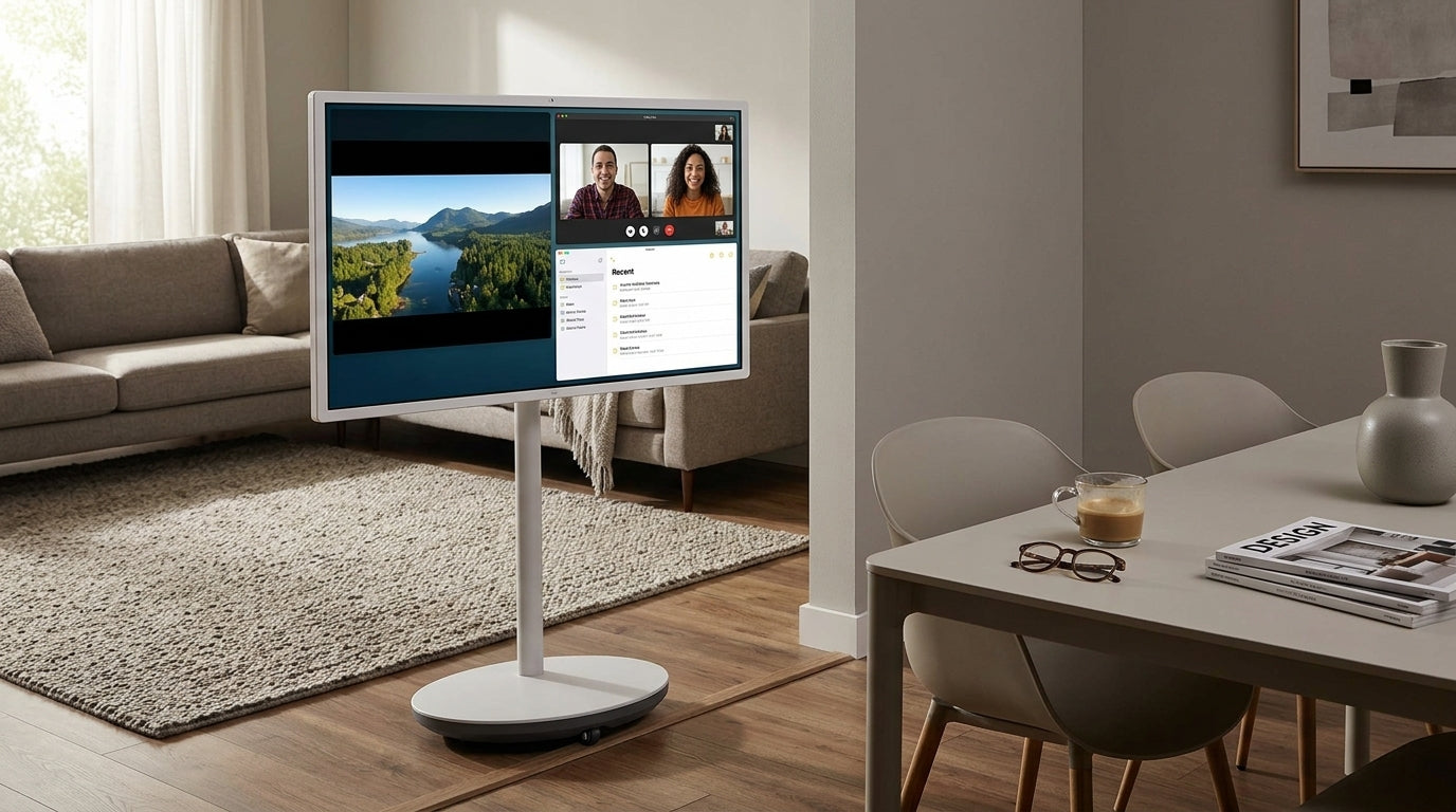 Rolling smart display in a home setting, showing room-to-room flexibility for streaming, calls, and casual work
