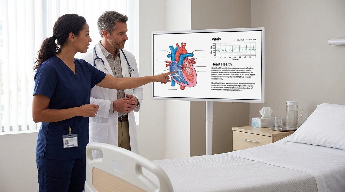 A rolling smart display used during bedside patient education in a clinical room.