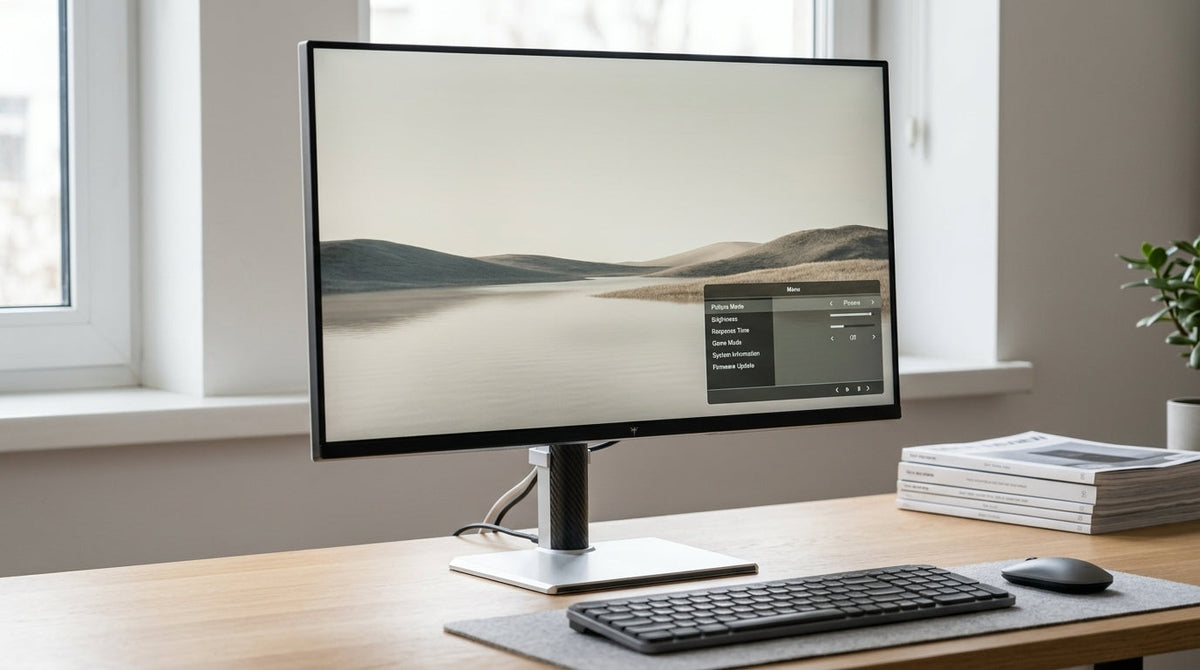 A clean desktop monitor setup with an OSD menu visible for firmware evaluation