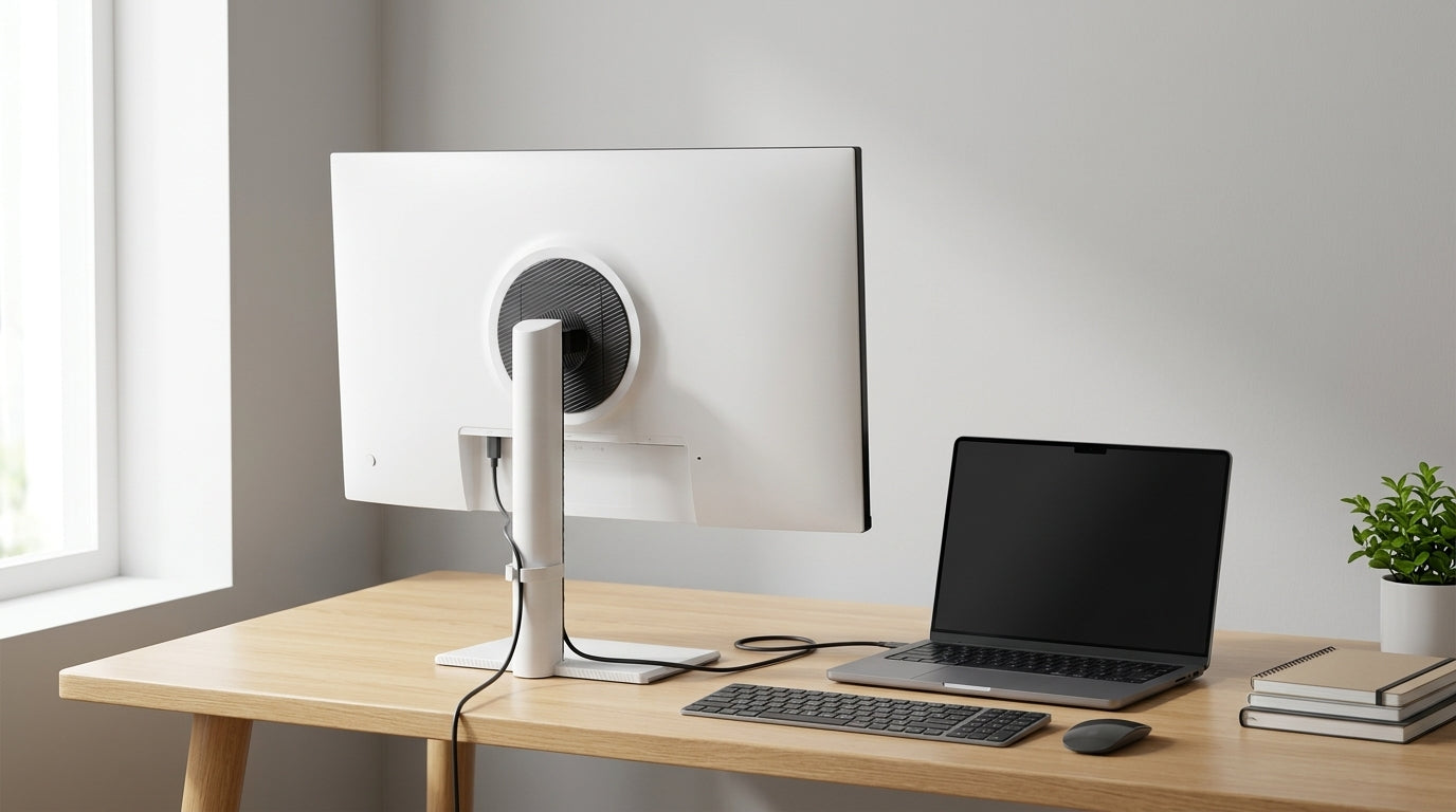 Un escritorio limpio con una laptop conectada a un monitor USB-C mediante un solo cable.