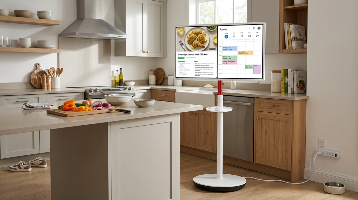 Rolling 32-inch smart display set up as a kitchen command center with recipes and family calendar visible