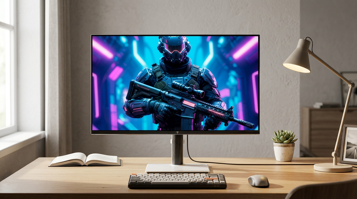 Mini-LED HDR gaming monitor on a desk in mixed lighting with bright game highlights and controlled dark areas