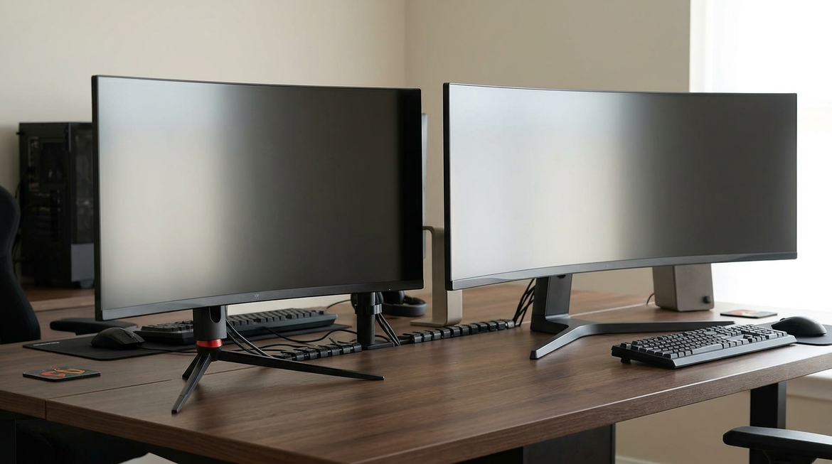 34-inch and 49-inch ultrawide gaming monitors on a gaming desk showing the difference in footprint and curvature