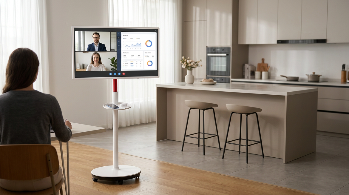 A portable smart display on a rolling stand in a home kitchen near a desk setup