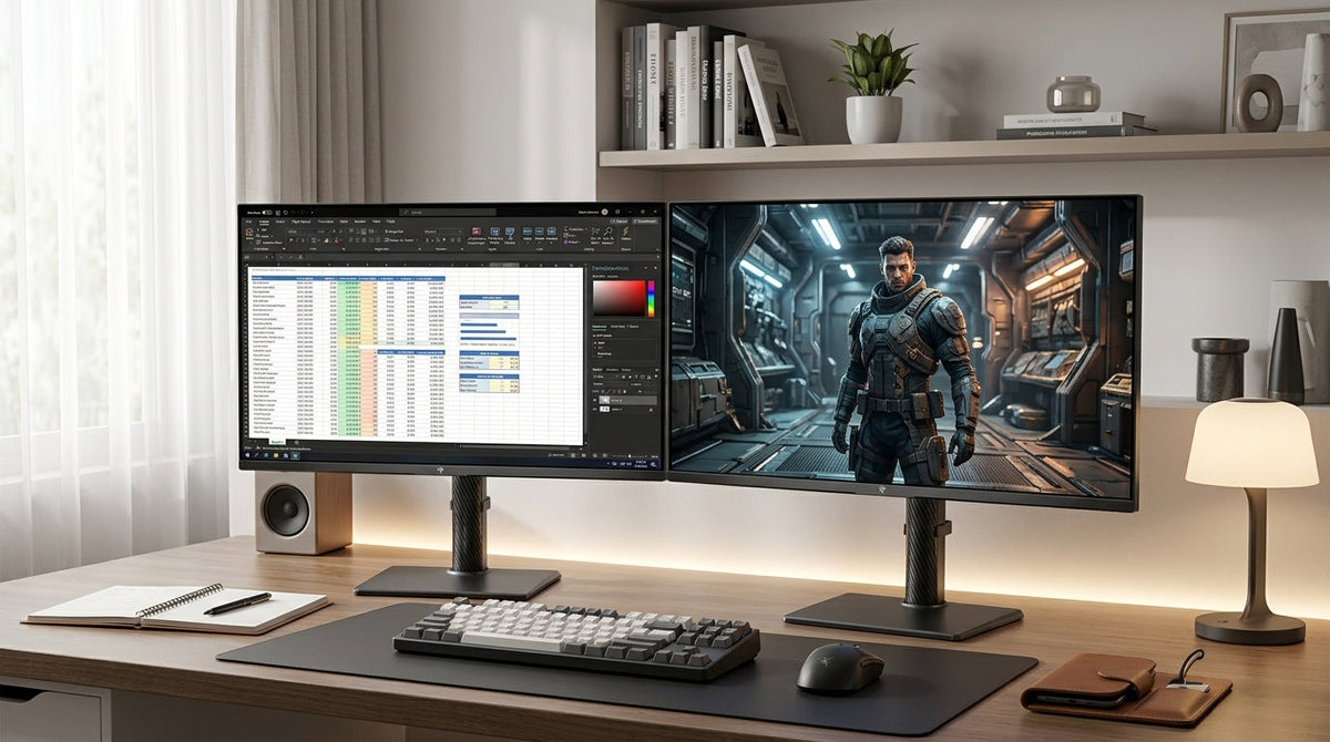 Set of Mini-LED monitors on a clean desk in a neutral home office setting, suggesting both gaming and work use.