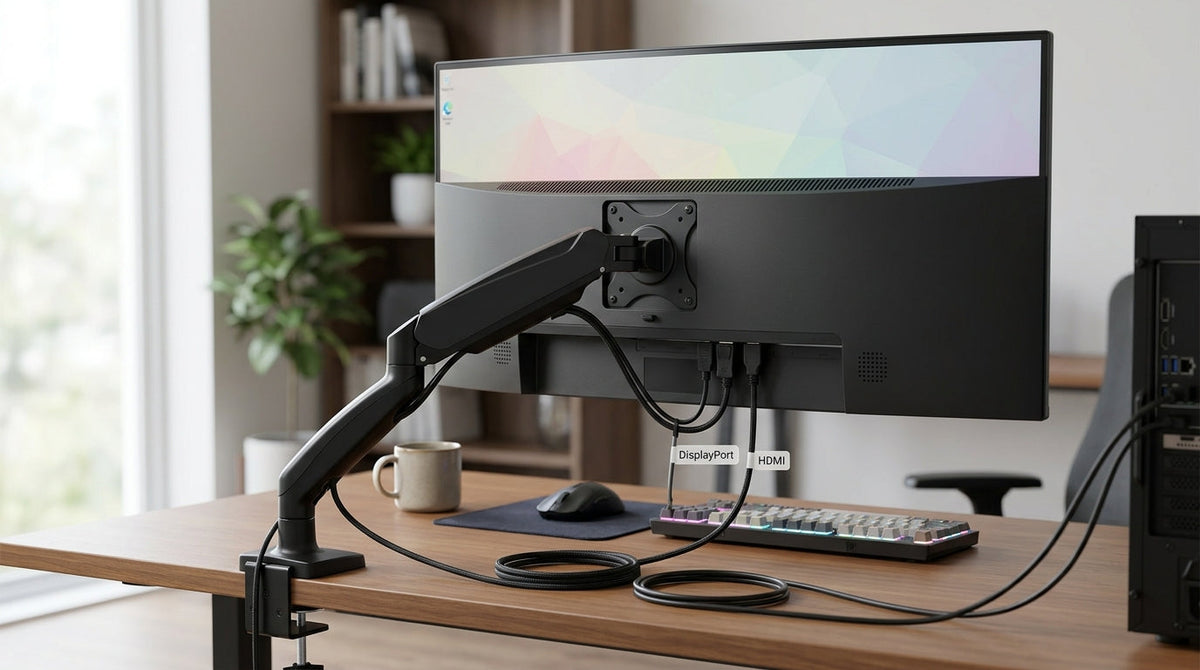 High-refresh monitor setup showing DisplayPort and HDMI cable choices on a desk