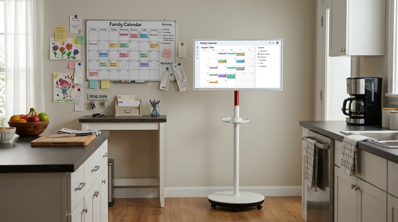 Neutral kitchen family command center with a rolling smart display beside a calendar, notes, and everyday meal prep items.