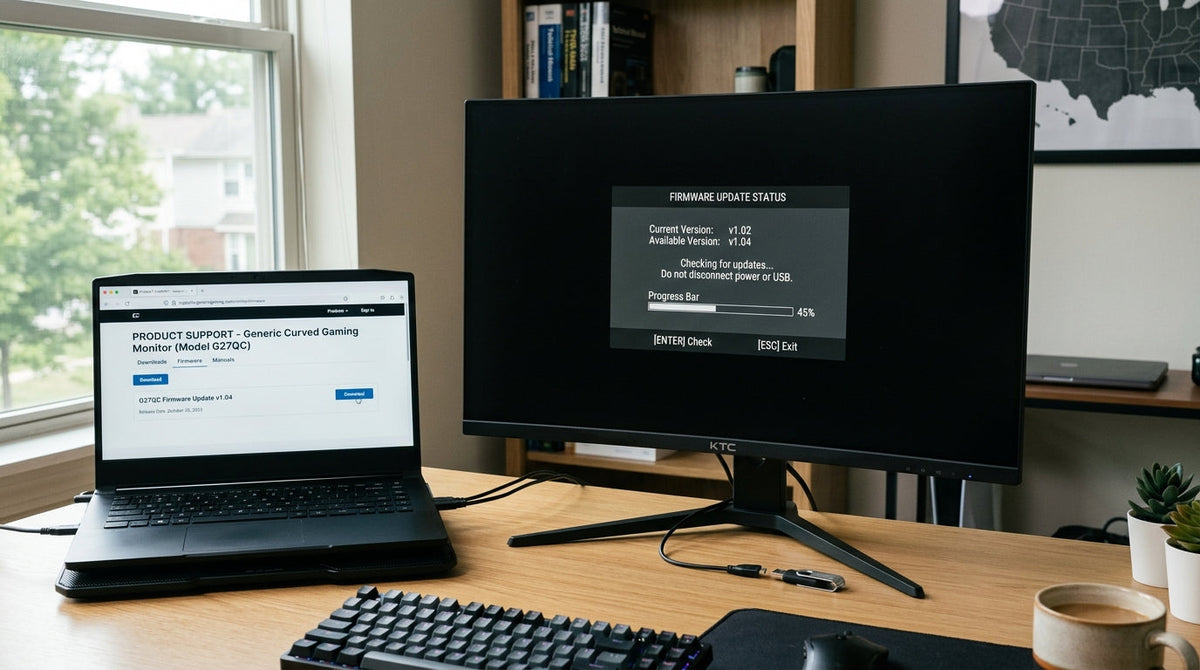 Safe KTC monitor firmware update setup on a clean desk with a monitor OSD screen, laptop, and USB drive.