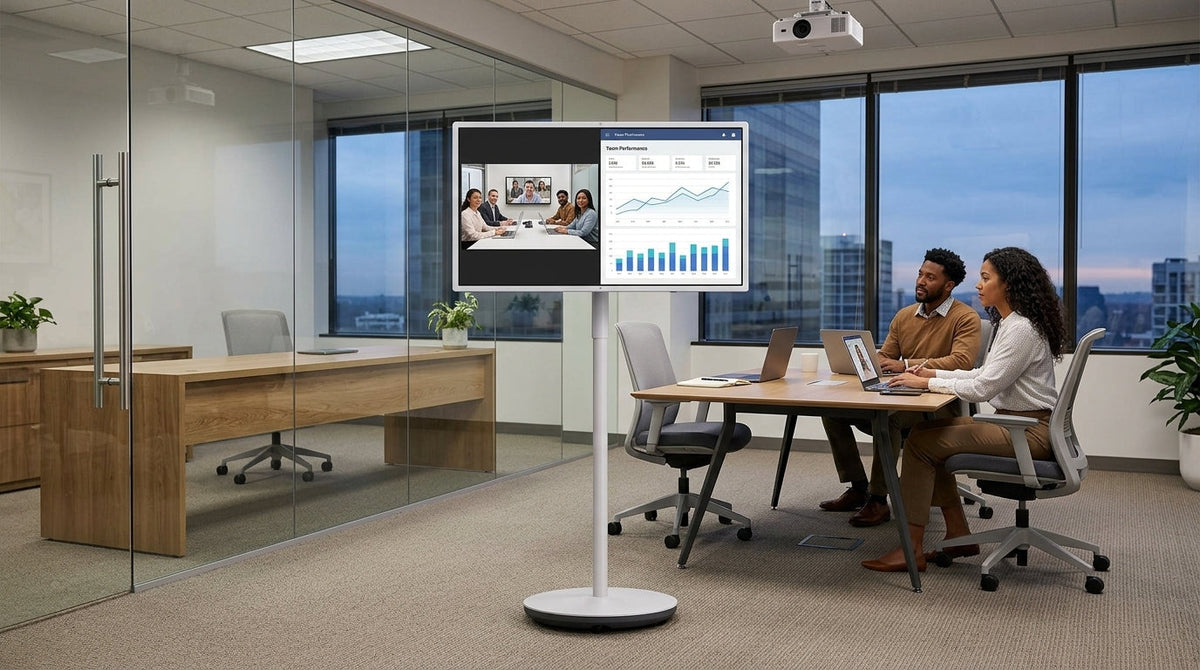 Rolling smart display on a wheeled stand in a hybrid meeting room with a video call and shared dashboard