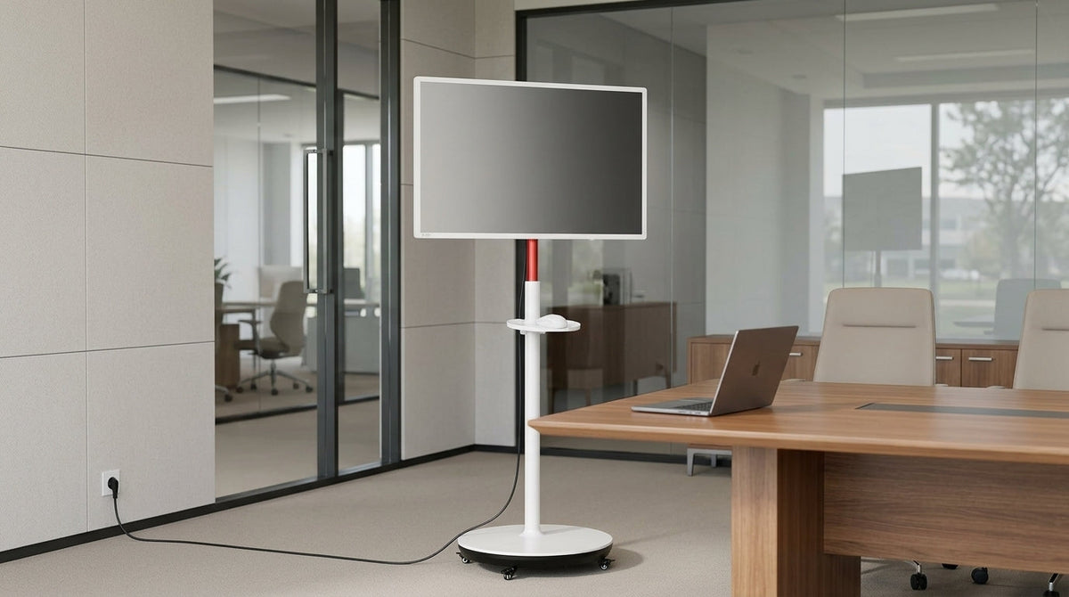 A rolling smart display in a conference room beside a meeting table with laptop and cable routing visible