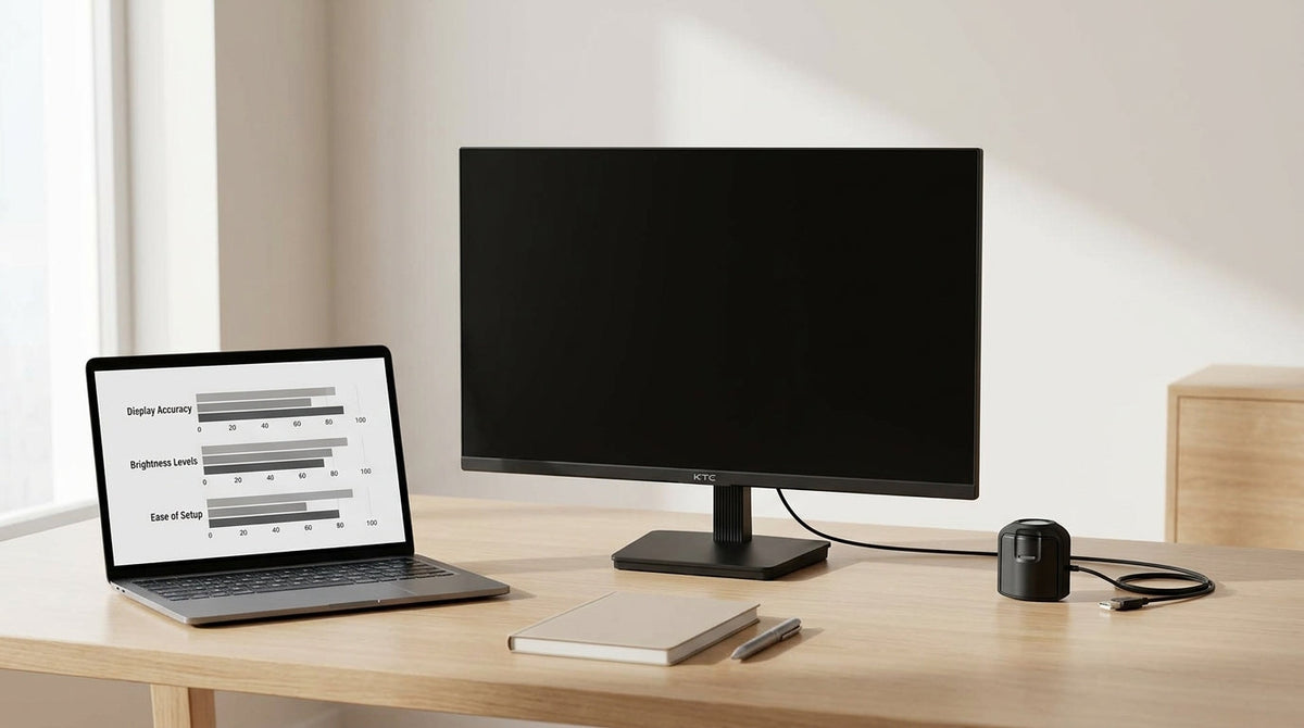 A desktop monitor beside a color calibration tool and a laptop showing comparison charts, illustrating the tradeoffs in monitor calibration for different buying needs.
