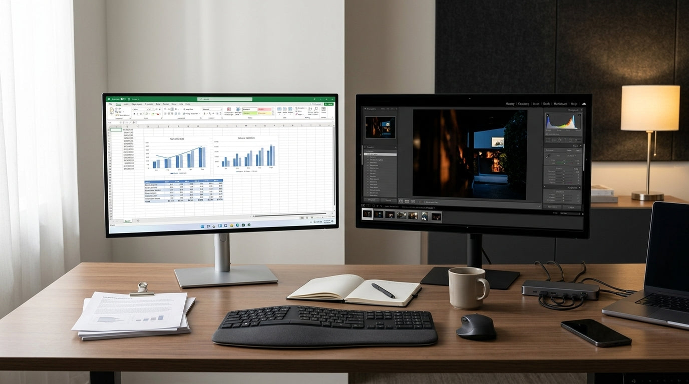 A neutral office desk comparison showing Mini-LED and OLED displays in different lighting conditions for productivity buyers.