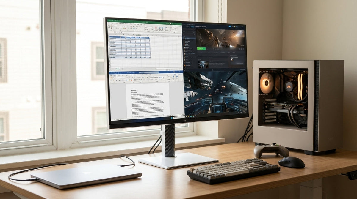 A hybrid desk with a laptop, gaming PC, and USB-C monitor showing a clean one-cable switching setup