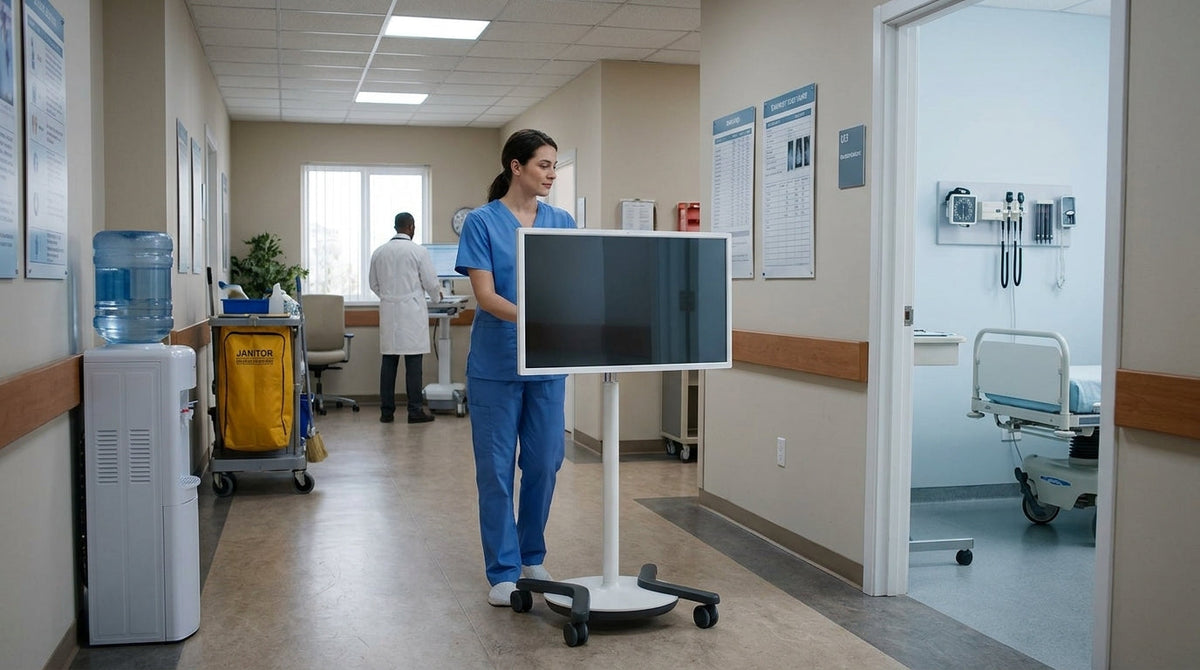 A rolling smart display in a classroom or clinic setting, shown in a neutral editorial style.