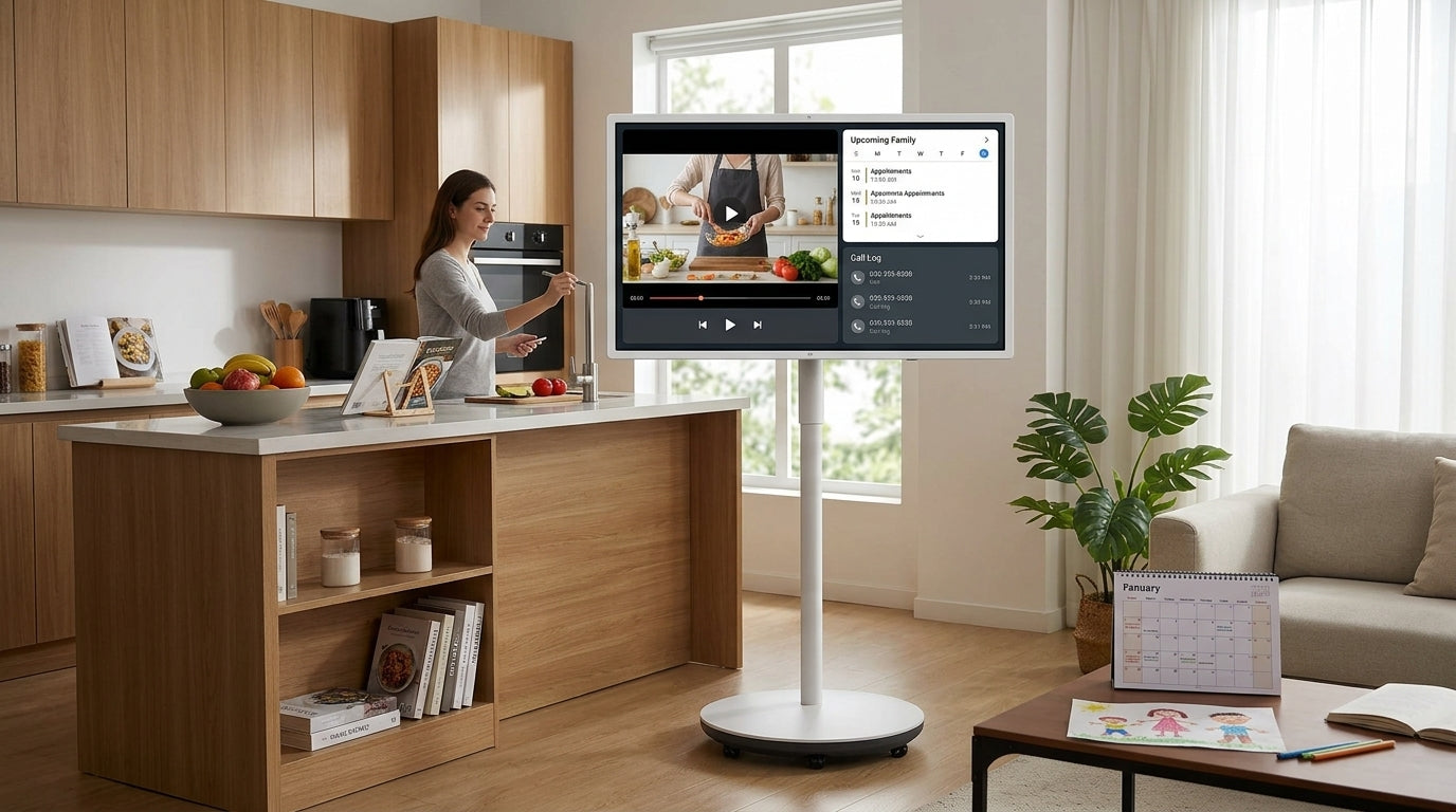 Rolling smart display cart in a modern kitchen-living space, positioned as a shared family hub.