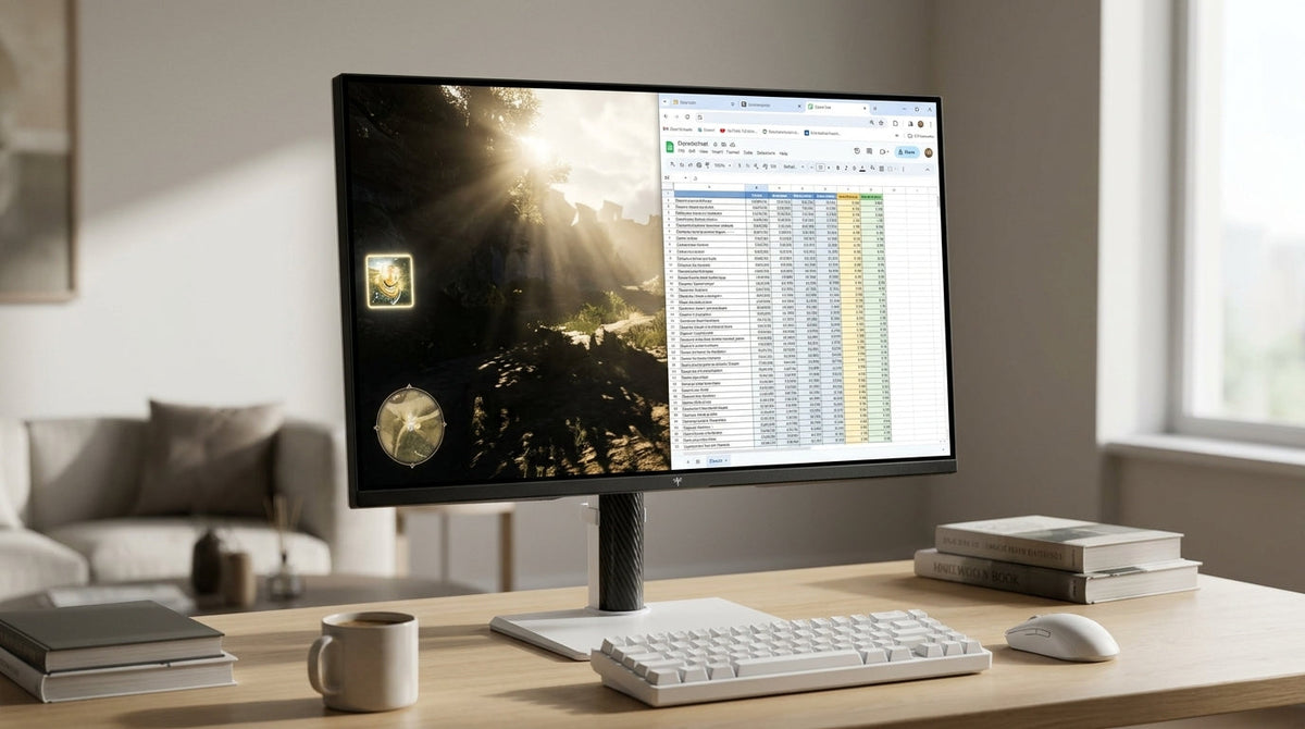 A Mini-LED monitor on a mixed-use desk showing a spreadsheet on one side and an HDR game scene on the other, with subtle haloing around bright UI elements.