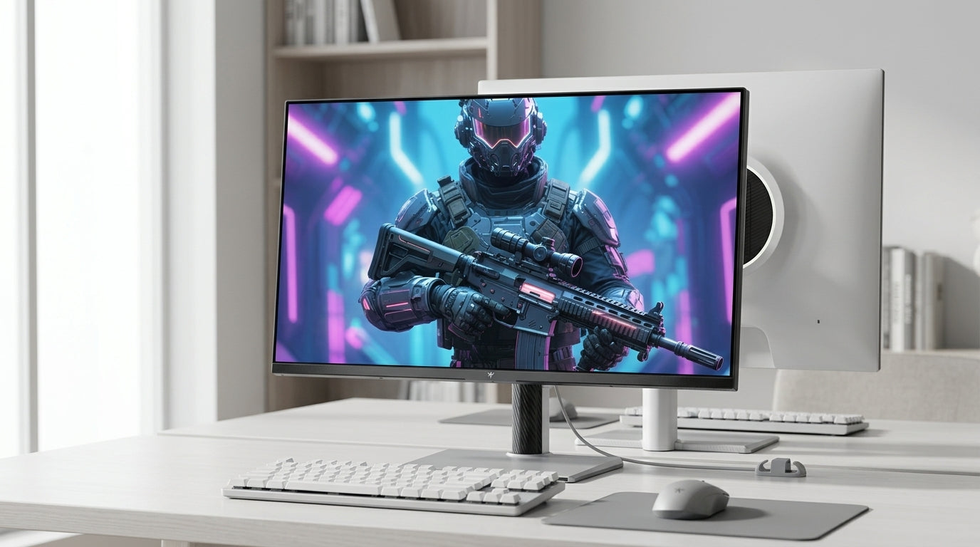 A 27-inch Mini-LED gaming monitor on a clean desk in a bright room.