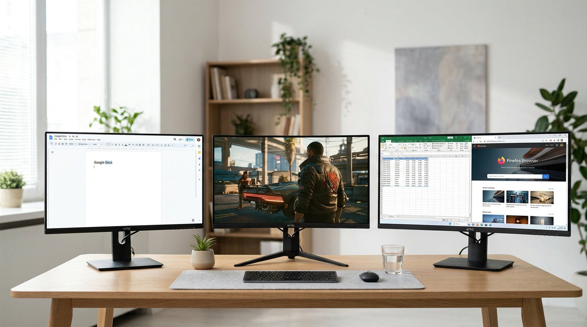KTC monitor lineup with office, gaming, and ultrawide models on a clean desk